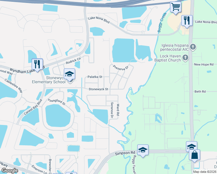 map of restaurants, bars, coffee shops, grocery stores, and more near 3226 Stonewyck Street in Orlando