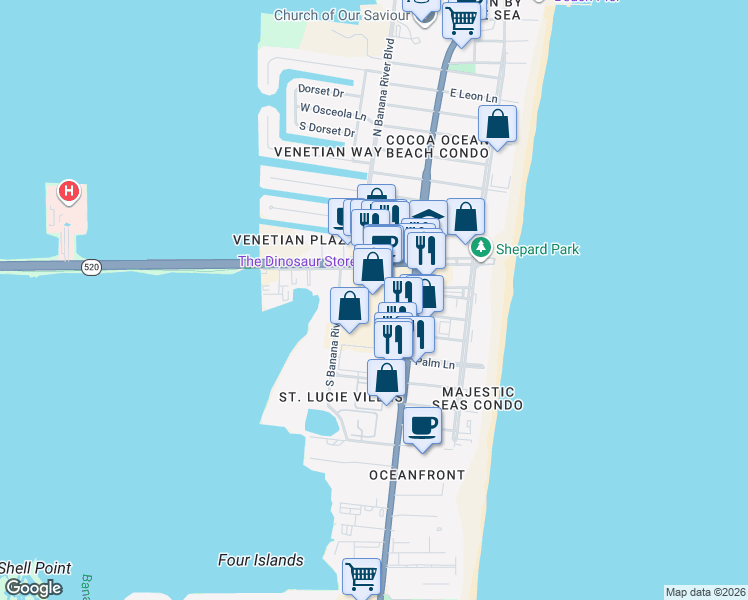 map of restaurants, bars, coffee shops, grocery stores, and more near 140 Canaveral Plaza Boulevard in Cocoa Beach