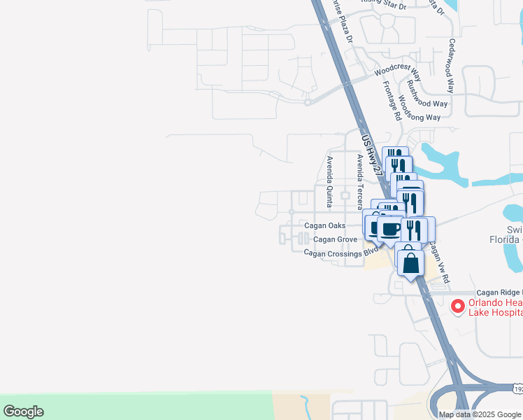 map of restaurants, bars, coffee shops, grocery stores, and more near 16308 Cagan Woods in Clermont