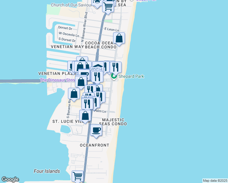 map of restaurants, bars, coffee shops, grocery stores, and more near 4300 Ocean Beach Boulevard in Cocoa Beach