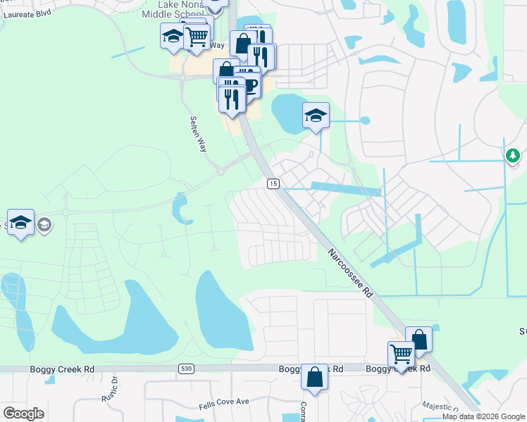 map of restaurants, bars, coffee shops, grocery stores, and more near Narcoossee Road in Orlando