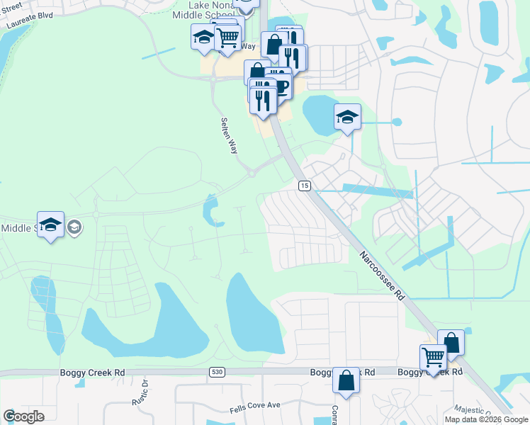 map of restaurants, bars, coffee shops, grocery stores, and more near Narcoossee Road in Orlando