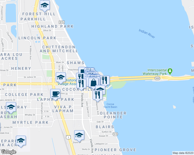 map of restaurants, bars, coffee shops, grocery stores, and more near 106 Brevard Avenue in Cocoa
