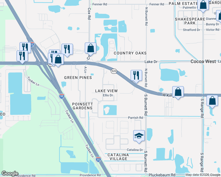 map of restaurants, bars, coffee shops, grocery stores, and more near 3830 Ellis Drive in Cocoa