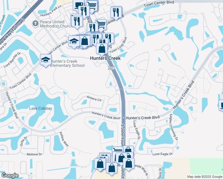 map of restaurants, bars, coffee shops, grocery stores, and more near 3321 Amaca Circle in Orlando