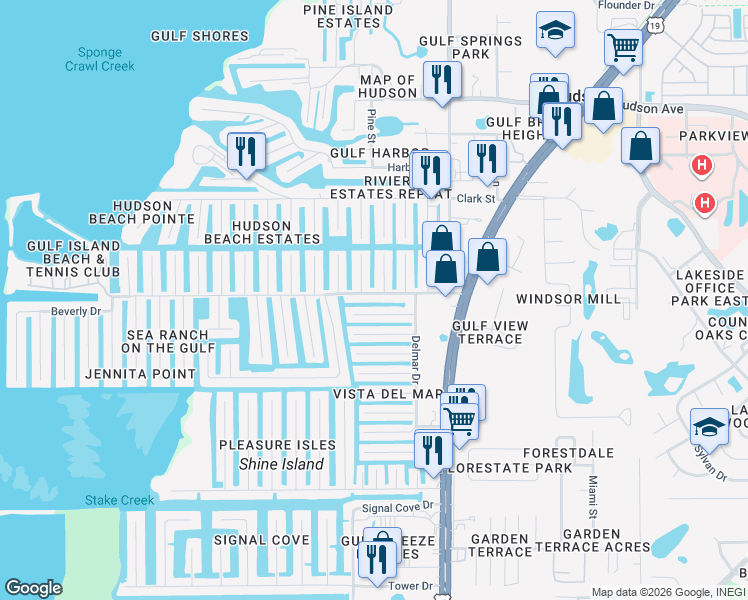 map of restaurants, bars, coffee shops, grocery stores, and more near 6800 Sea Ranch Drive in Hudson