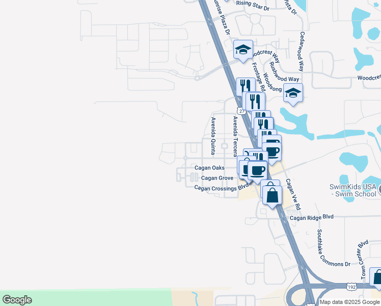 map of restaurants, bars, coffee shops, grocery stores, and more near 16327 Macon Street in Clermont