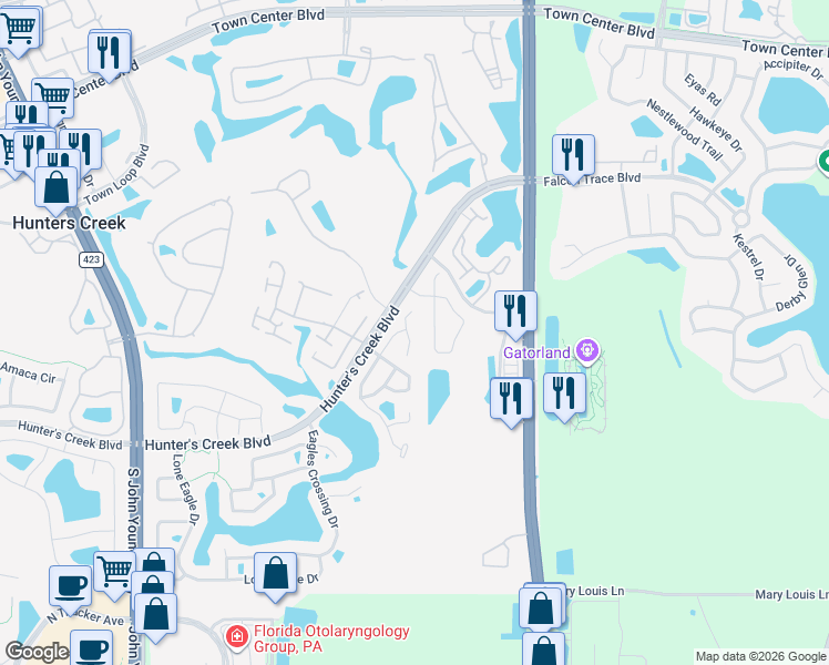map of restaurants, bars, coffee shops, grocery stores, and more near 14519 Musket Fire Lane in Orlando