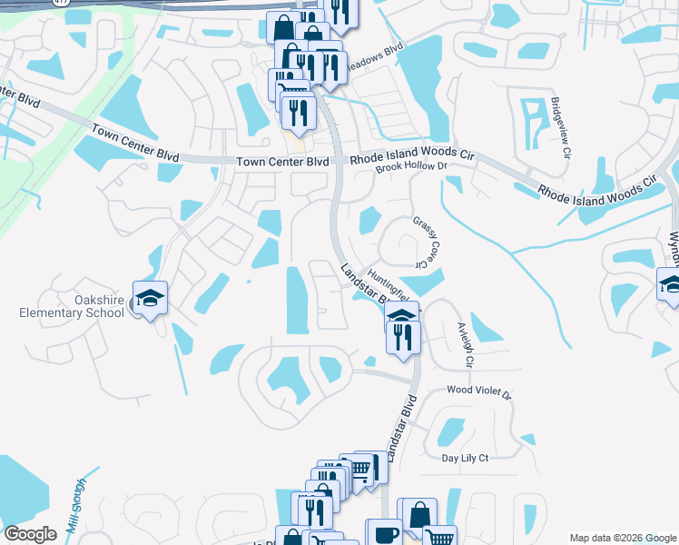 map of restaurants, bars, coffee shops, grocery stores, and more near 14340 Huntingfield Court in Orlando