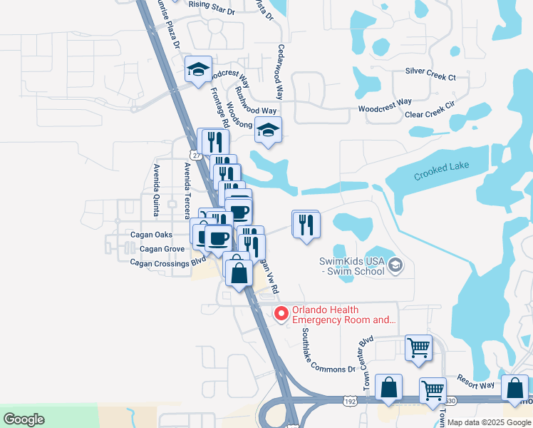 map of restaurants, bars, coffee shops, grocery stores, and more near 16905 Cagan Crossings Boulevard in Clermont