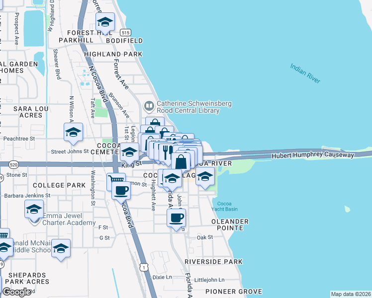 map of restaurants, bars, coffee shops, grocery stores, and more near 93 Brevard Avenue in Cocoa