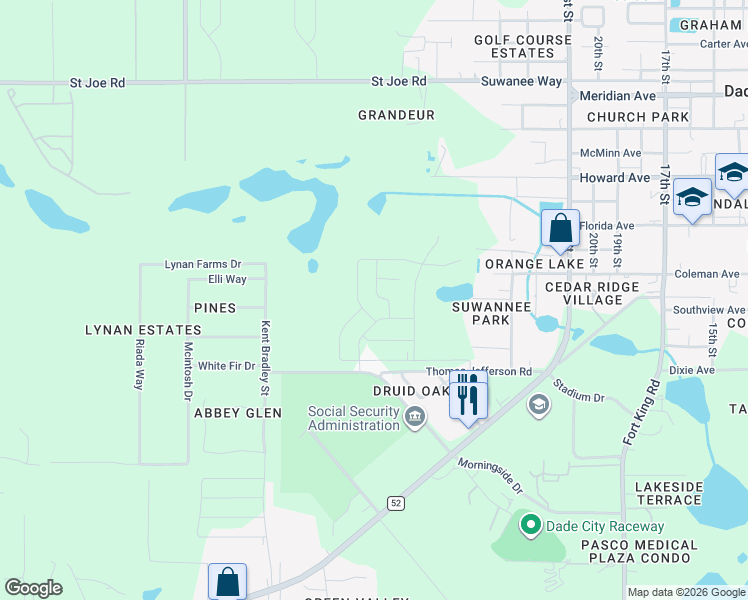 map of restaurants, bars, coffee shops, grocery stores, and more near 13721 Thimbleberry Drive in Dade City