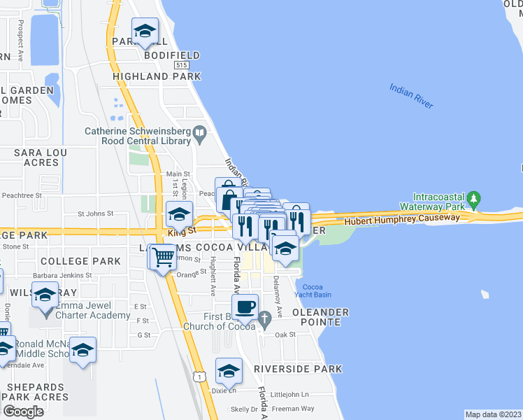 map of restaurants, bars, coffee shops, grocery stores, and more near 6 Brevard Avenue in Cocoa