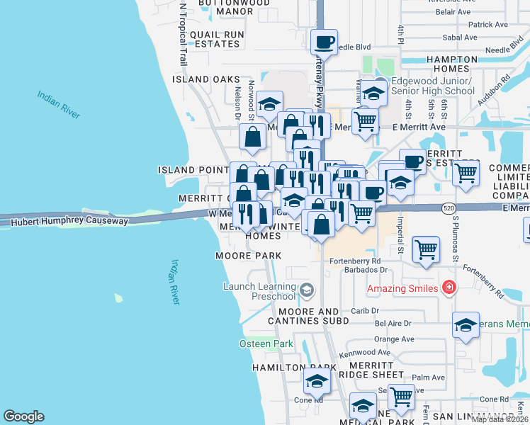 map of restaurants, bars, coffee shops, grocery stores, and more near 325 West Merritt Island Causeway in Merritt Island