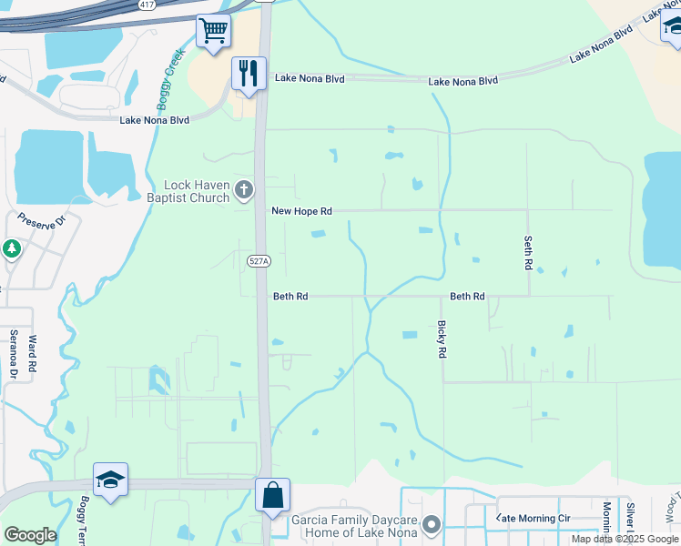 map of restaurants, bars, coffee shops, grocery stores, and more near 6385 Beth Road in Orlando