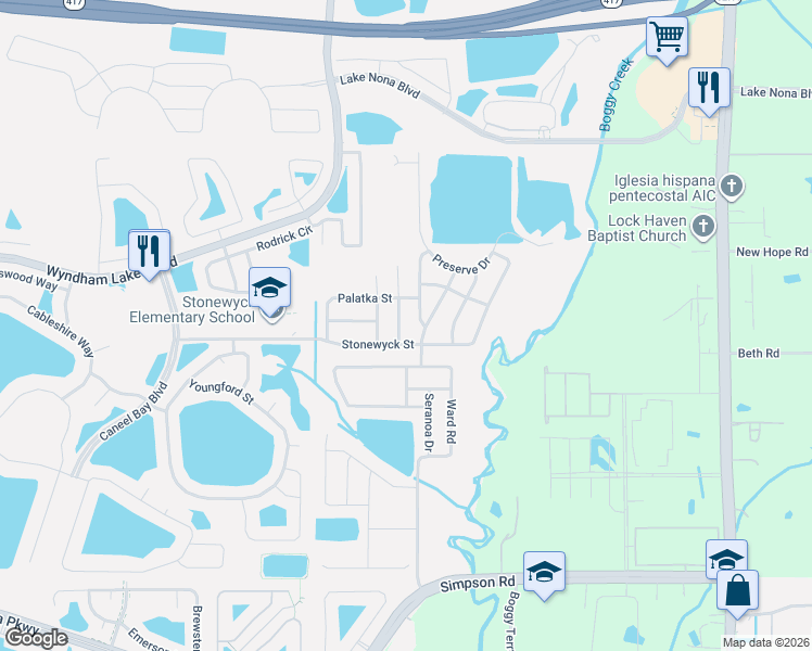 map of restaurants, bars, coffee shops, grocery stores, and more near 14261 Woodchip Court in Orlando