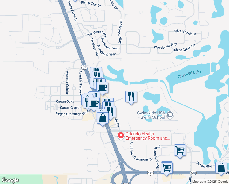 map of restaurants, bars, coffee shops, grocery stores, and more near 16905 Cagan Crossings Boulevard in Clermont