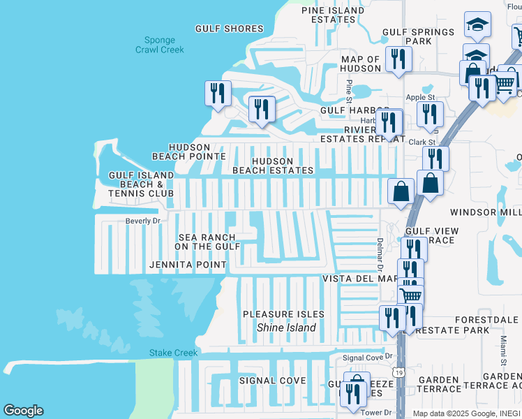 map of restaurants, bars, coffee shops, grocery stores, and more near Sea Ranch Drive in Hudson