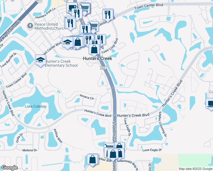 map of restaurants, bars, coffee shops, grocery stores, and more near 14200 Colonial Grand Boulevard in Orlando