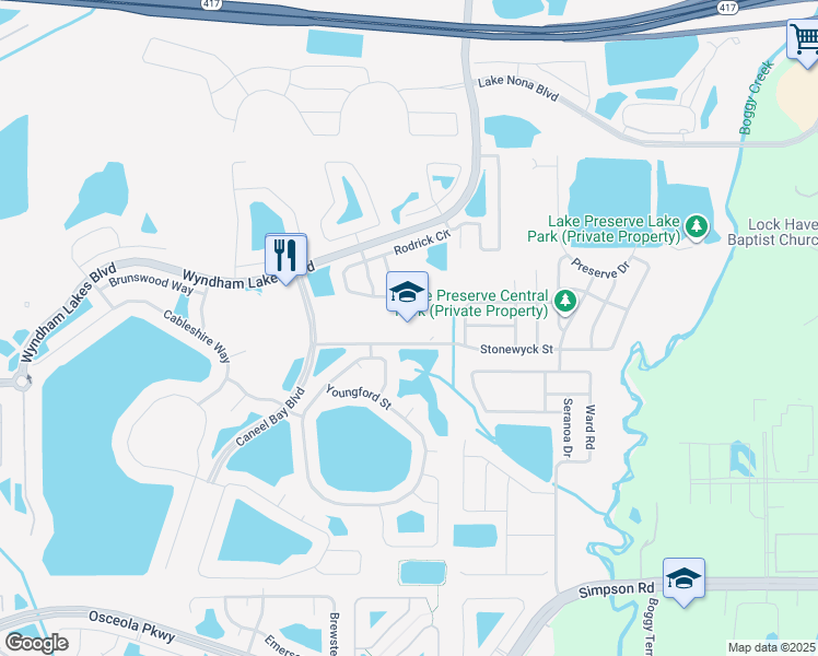 map of restaurants, bars, coffee shops, grocery stores, and more near 3001 Stonewyck Street in Orlando