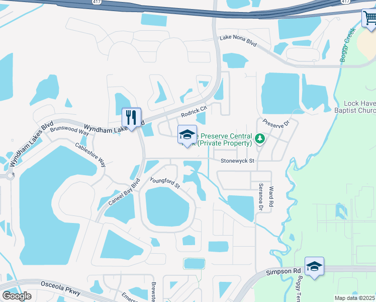 map of restaurants, bars, coffee shops, grocery stores, and more near 3001 Stonewyck Street in Orlando