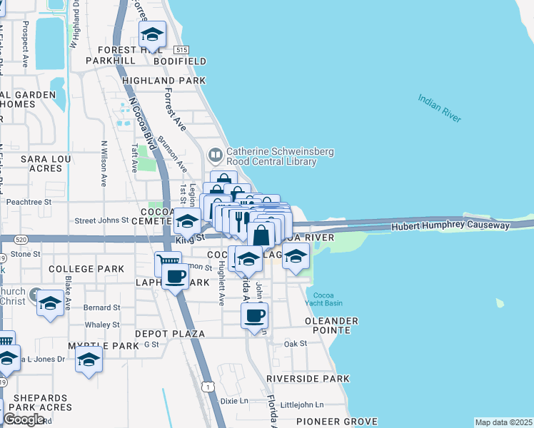 map of restaurants, bars, coffee shops, grocery stores, and more near 19 Peachtree Street in Cocoa