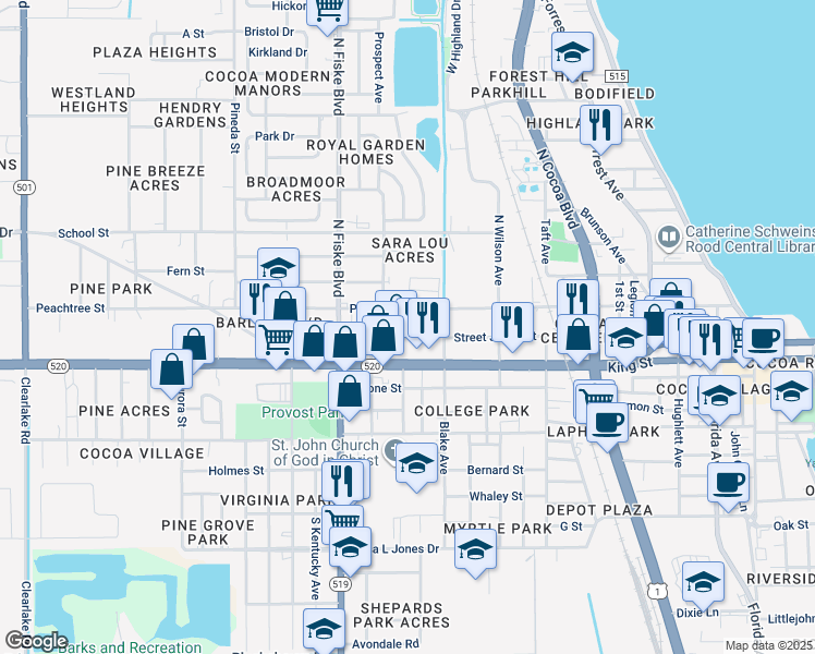 map of restaurants, bars, coffee shops, grocery stores, and more near 825 Peachtree Street in Cocoa