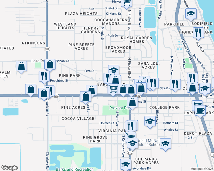 map of restaurants, bars, coffee shops, grocery stores, and more near 1146 Lake Drive in Cocoa