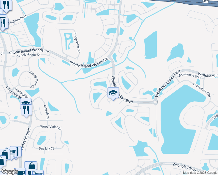 map of restaurants, bars, coffee shops, grocery stores, and more near 14326 Huntcliff Park Way in Orlando