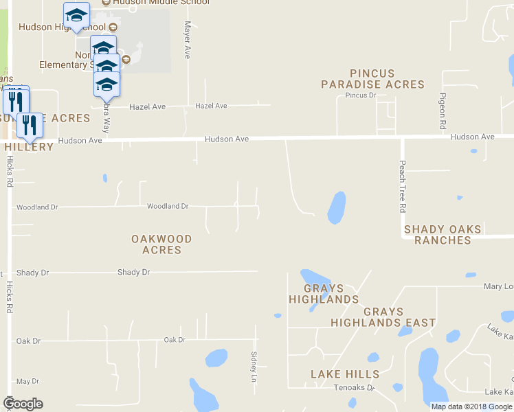 map of restaurants, bars, coffee shops, grocery stores, and more near 10534 Woodland Drive in Hudson