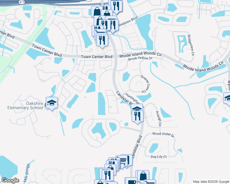 map of restaurants, bars, coffee shops, grocery stores, and more near 14340 Huntingfield Court in Orlando