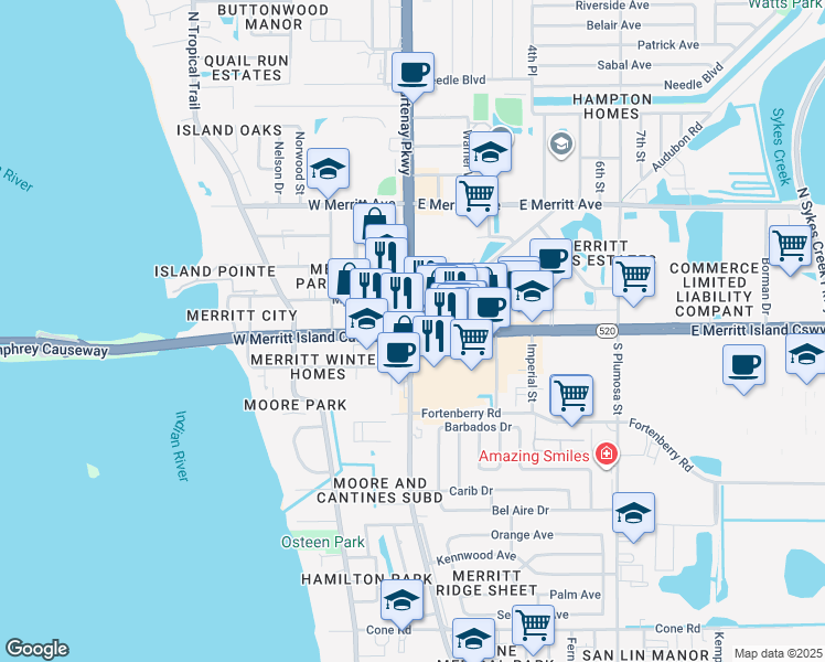 map of restaurants, bars, coffee shops, grocery stores, and more near in Merritt Island