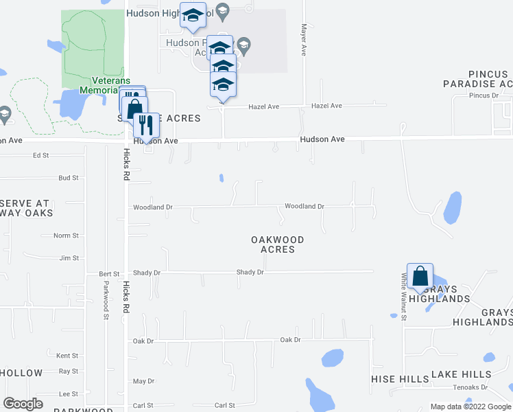 map of restaurants, bars, coffee shops, grocery stores, and more near Woodland Drive in Hudson