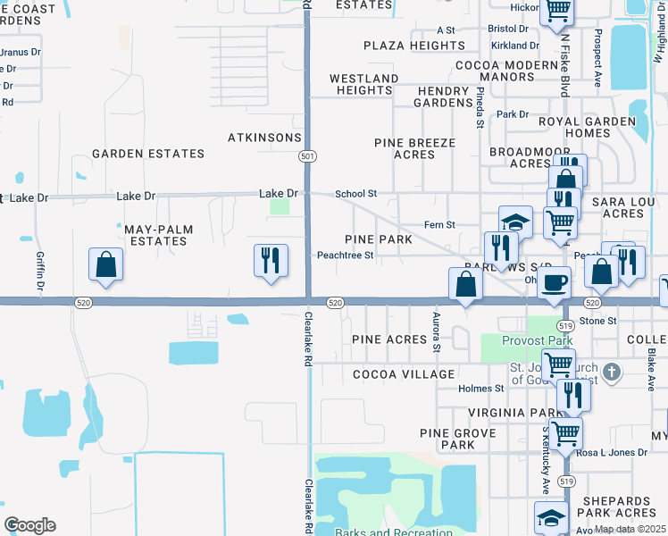 map of restaurants, bars, coffee shops, grocery stores, and more near 1515 Peachtree Street in Cocoa