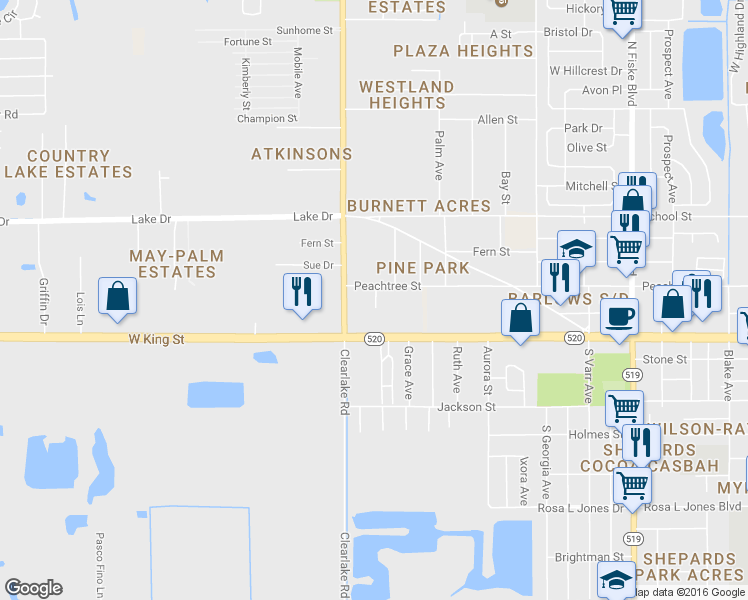 map of restaurants, bars, coffee shops, grocery stores, and more near 1515 Peachtree Street in Cocoa