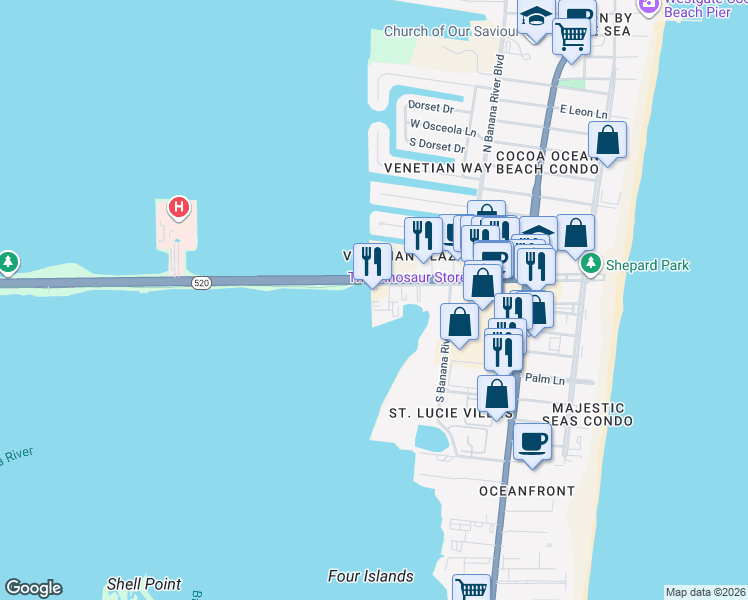 map of restaurants, bars, coffee shops, grocery stores, and more near 500 Florida 520 in Cocoa Beach