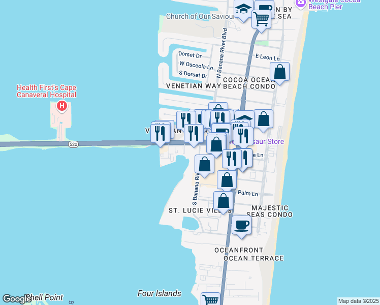 map of restaurants, bars, coffee shops, grocery stores, and more near 360 West Cocoa Beach Causeway in Cocoa Beach