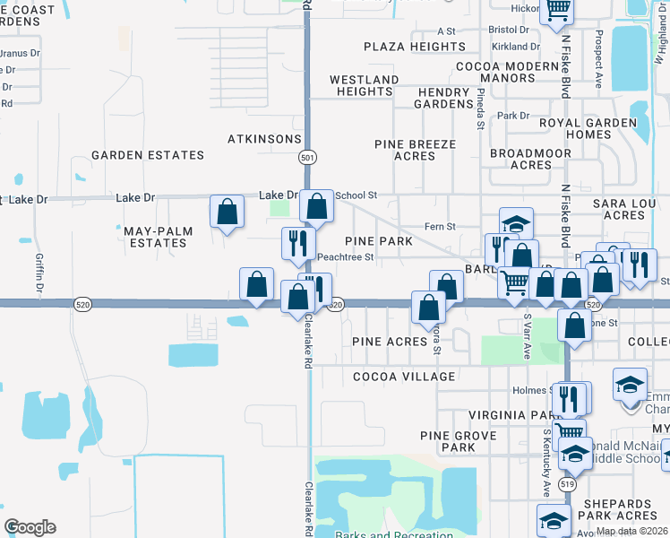map of restaurants, bars, coffee shops, grocery stores, and more near 1515 Peachtree Street in Cocoa