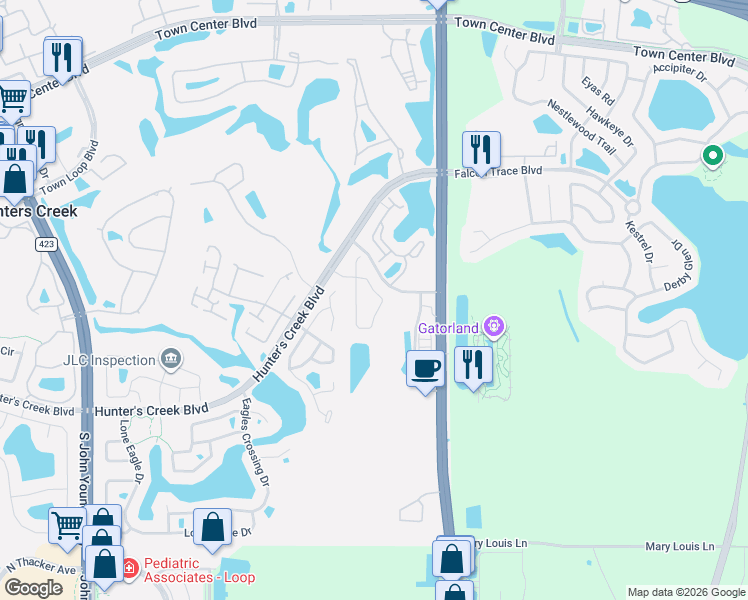 map of restaurants, bars, coffee shops, grocery stores, and more near 14515 Quail Trail Circle in Orlando