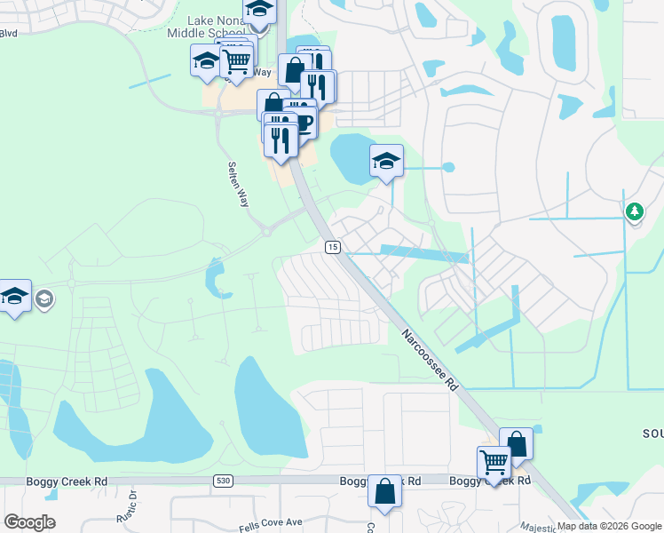 map of restaurants, bars, coffee shops, grocery stores, and more near 14197-14493 Narcoossee Road in Orlando