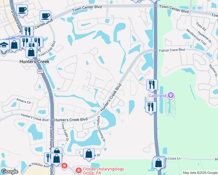 map of restaurants, bars, coffee shops, grocery stores, and more near 14321 Mandolin Drive in Orlando