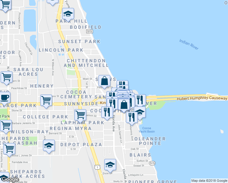 map of restaurants, bars, coffee shops, grocery stores, and more near 13 Florida Avenue in Cocoa