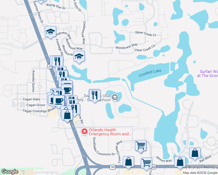 map of restaurants, bars, coffee shops, grocery stores, and more near 17139 Cagan Crossings Boulevard in Clermont
