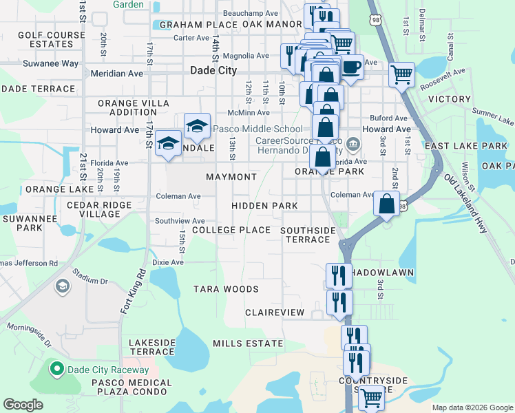 map of restaurants, bars, coffee shops, grocery stores, and more near 37644 Hidden Park Court in Dade City