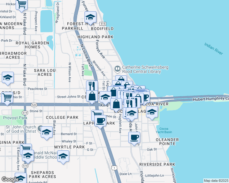 map of restaurants, bars, coffee shops, grocery stores, and more near 105 Forrest Avenue in Cocoa