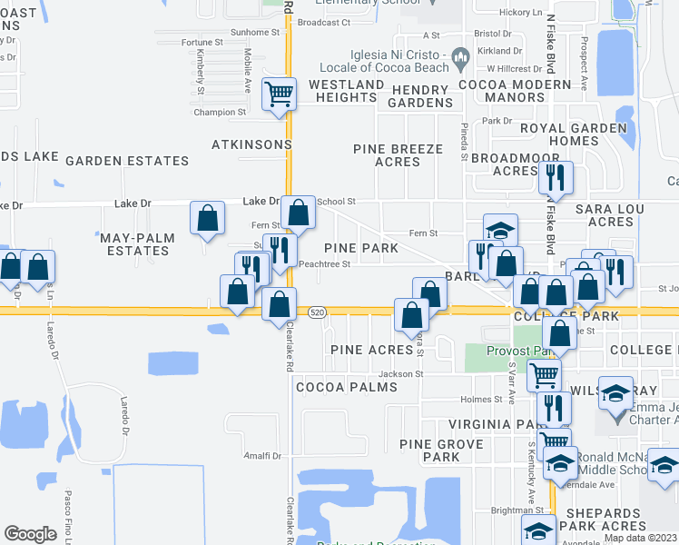 map of restaurants, bars, coffee shops, grocery stores, and more near 1431 Peachtree Street in Cocoa