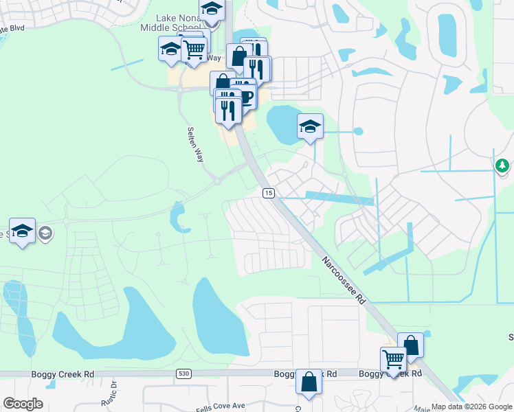 map of restaurants, bars, coffee shops, grocery stores, and more near 14105 Narcoossee Road in Orlando