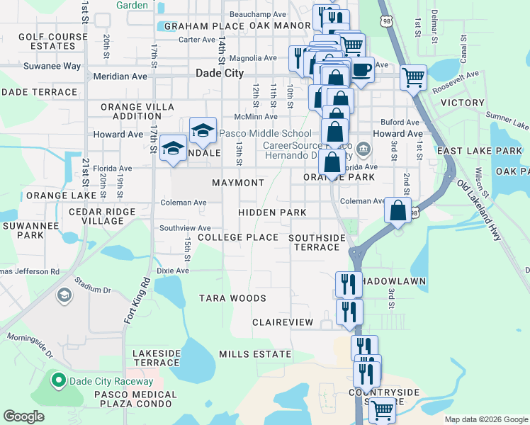 map of restaurants, bars, coffee shops, grocery stores, and more near 37634 Hidden Park Court in Dade City
