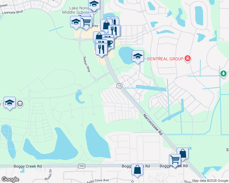 map of restaurants, bars, coffee shops, grocery stores, and more near 14105 Narcoossee Road in Orlando