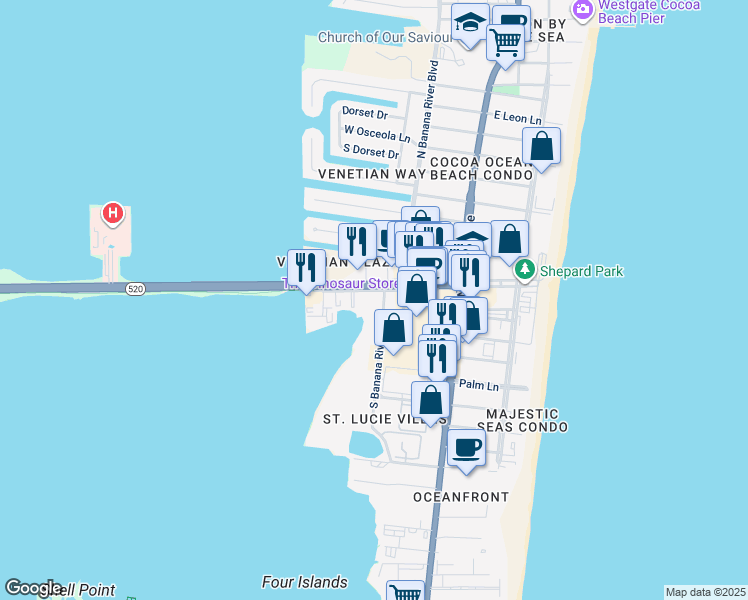 map of restaurants, bars, coffee shops, grocery stores, and more near 350 West Cocoa Beach Causeway in Cocoa Beach